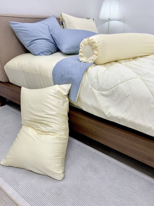 Chăn ga cotton satin Vàng Ivory phối xám