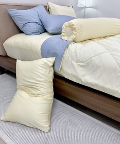 Chăn ga cotton satin Vàng Ivory phối xám