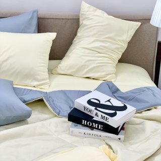 Chăn ga cotton satin Vàng Ivory phối xám