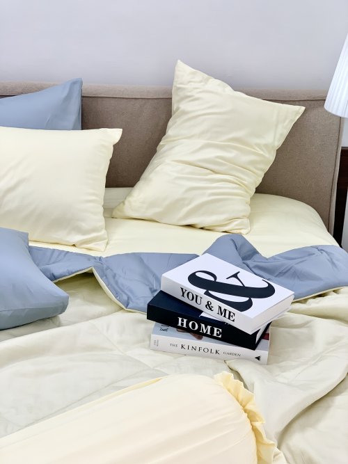 Chăn ga cotton satin Vàng Ivory phối xám