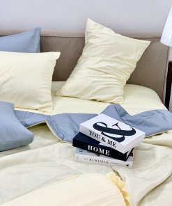 Chăn ga cotton satin Vàng Ivory phối xám