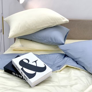 Chăn ga cotton satin Vàng Ivory phối xám