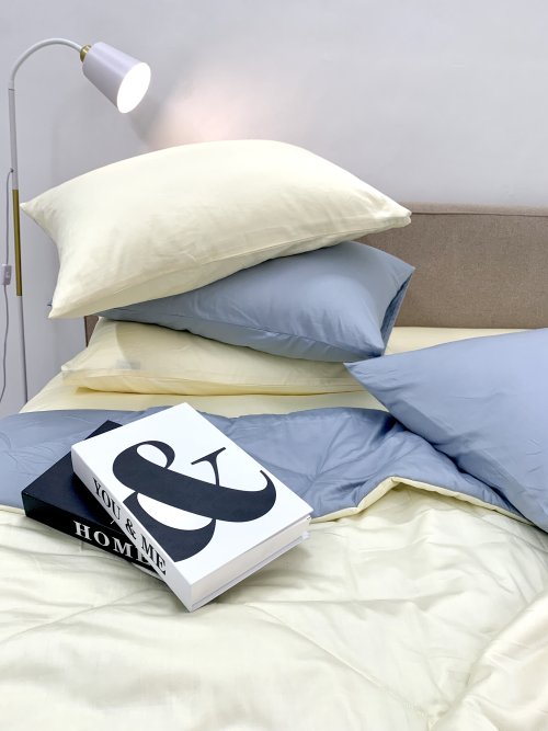 Chăn ga cotton satin Vàng Ivory phối xám