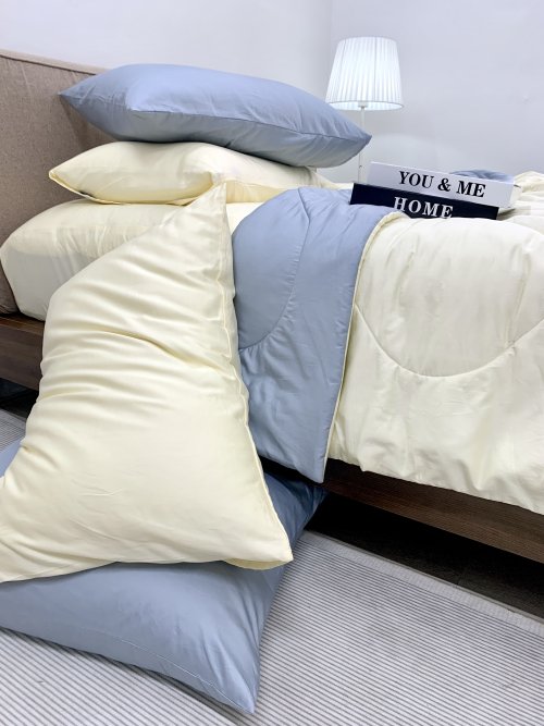 Chăn ga cotton satin Vàng Ivory phối xám