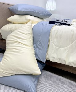 Chăn ga cotton satin Vàng Ivory phối xám
