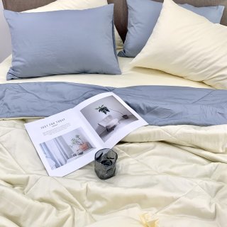 Chăn ga cotton satin Vàng Ivory phối xám