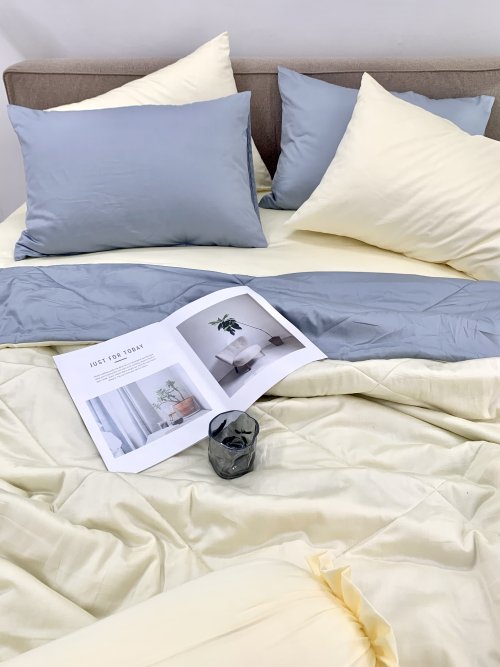 Chăn ga cotton satin Vàng Ivory phối xám