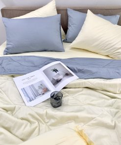 Chăn ga cotton satin Vàng Ivory phối xám