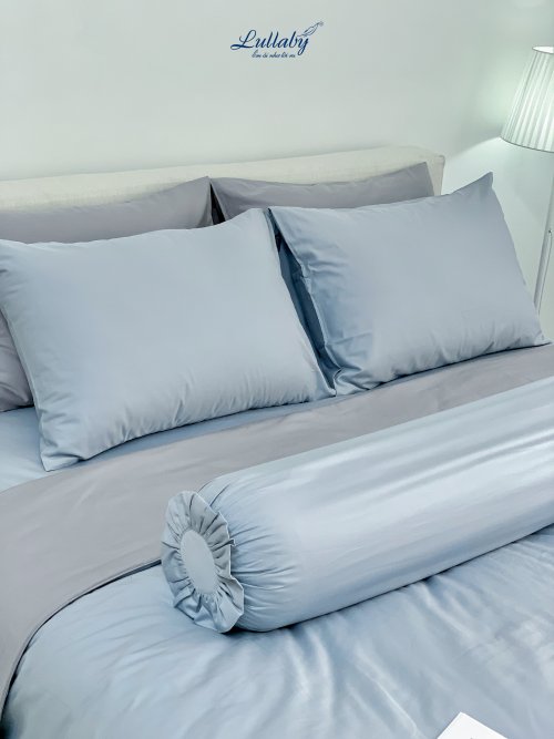 Chăn ga Cotton supima Xanh Ice blue phối xám