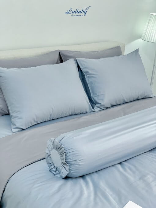 Chăn ga Cotton supima Xanh Ice blue phối xám