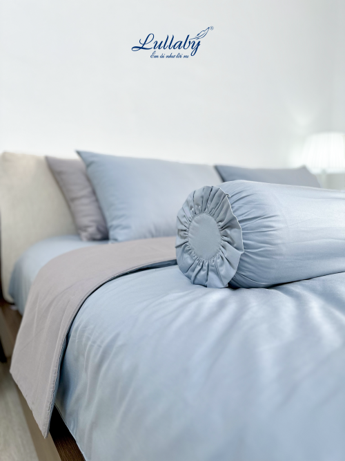 Chăn ga Cotton supima Xanh Ice blue phối xám