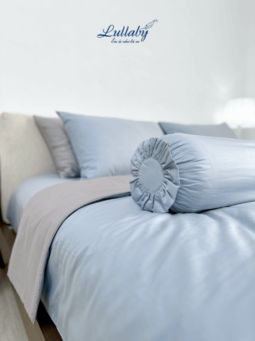 Chăn ga Cotton supima Xanh Ice blue phối xám