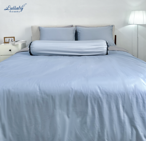 Chăn ga Cotton supima Xanh Ice blue phối xám