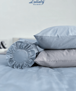 Chăn ga Cotton supima Xanh Ice blue phối xám