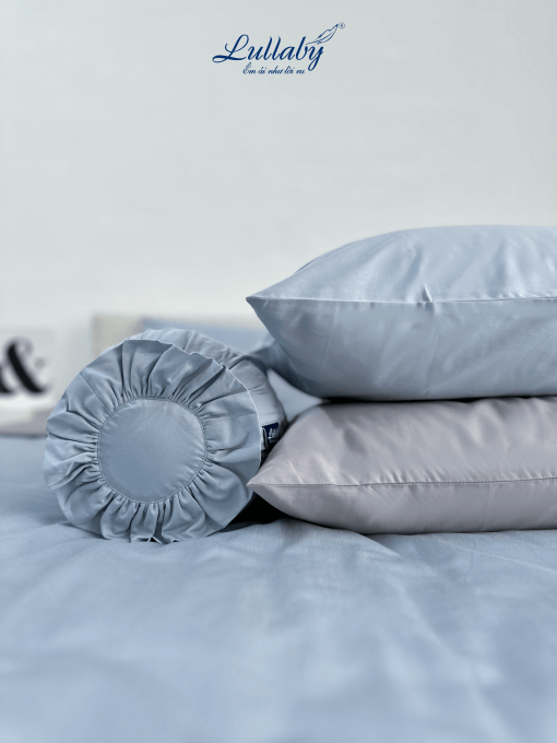 Chăn ga Cotton supima Xanh Ice blue phối xám
