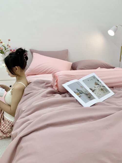 Chăn ga Cotton satin Dusty Pink phối Lavender Pink
