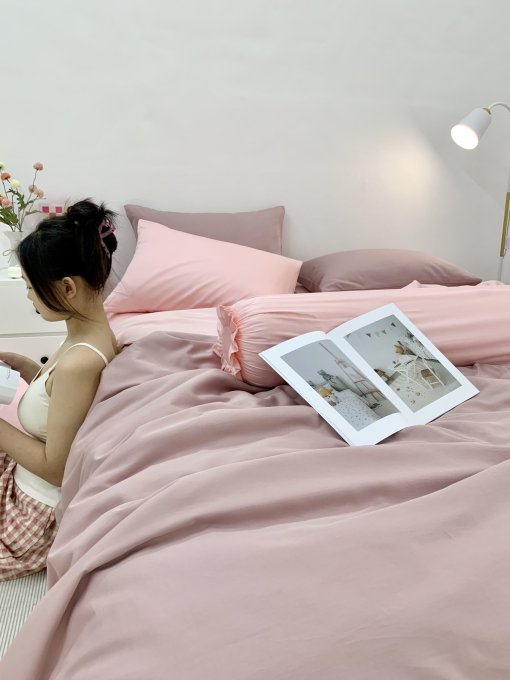 Chăn ga Cotton satin Dusty Pink phối Lavender Pink