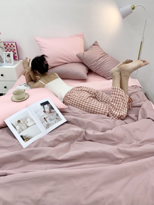 Chăn ga Cotton satin Dusty Pink phối Lavender Pink