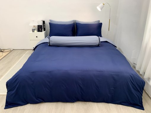 Chăn ga Cotton supima Xanh Navy phối xám