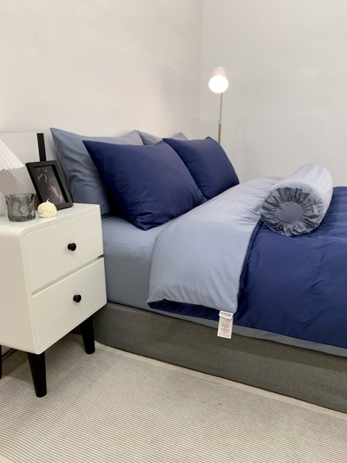 Chăn ga Cotton supima Xanh Navy phối xám