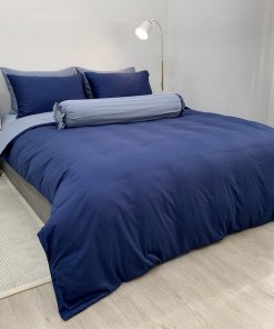 Chăn ga Cotton supima Xanh Navy phối xám