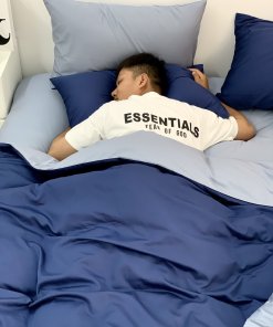 Chăn ga Cotton supima Xanh Navy phối xám