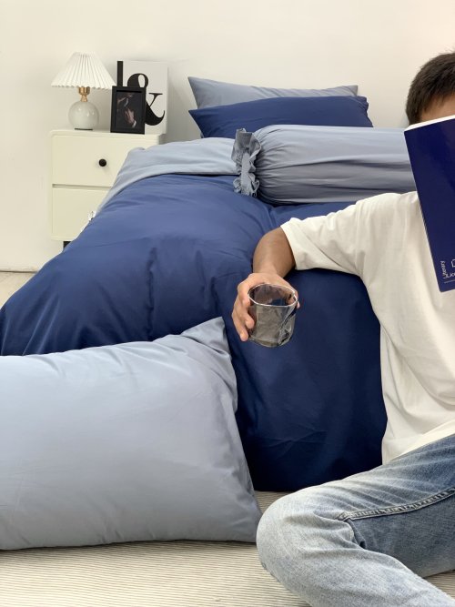 Chăn ga Cotton supima Xanh Navy phối xám
