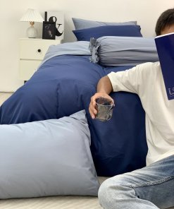Chăn ga Cotton supima Xanh Navy phối xám