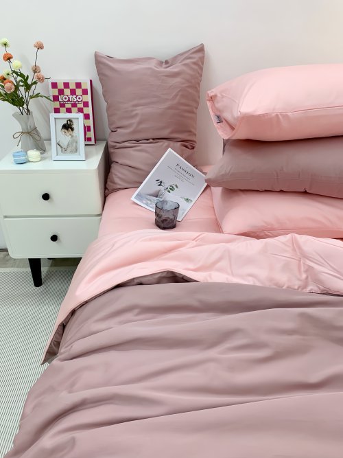 Chăn ga Cotton satin Dusty Pink phối Lavender Pink
