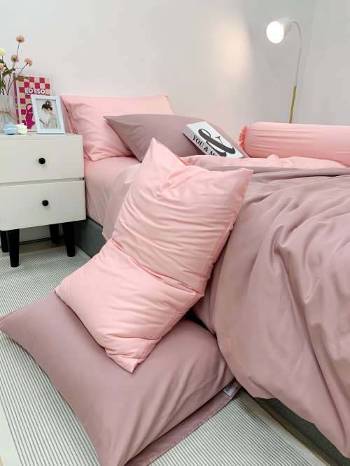 Chăn ga Cotton satin Dusty Pink phối Lavender Pink