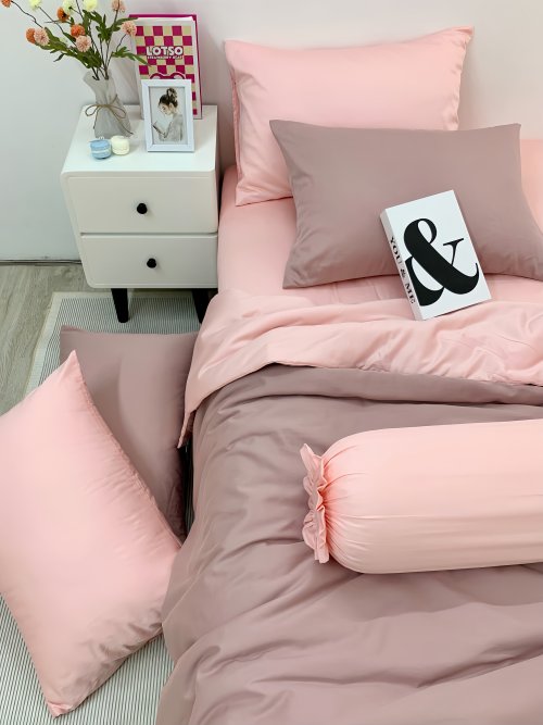 Chăn ga Cotton satin Dusty Pink phối Lavender Pink