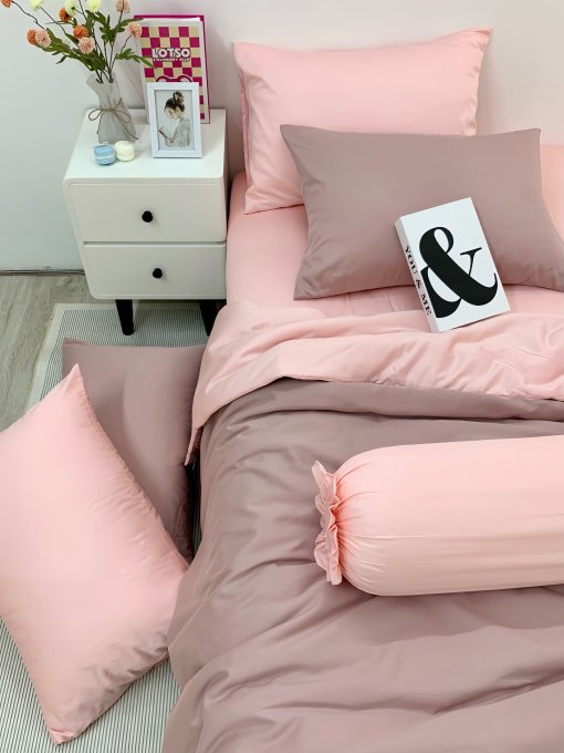 Chăn ga Cotton satin Dusty Pink phối Lavender Pink