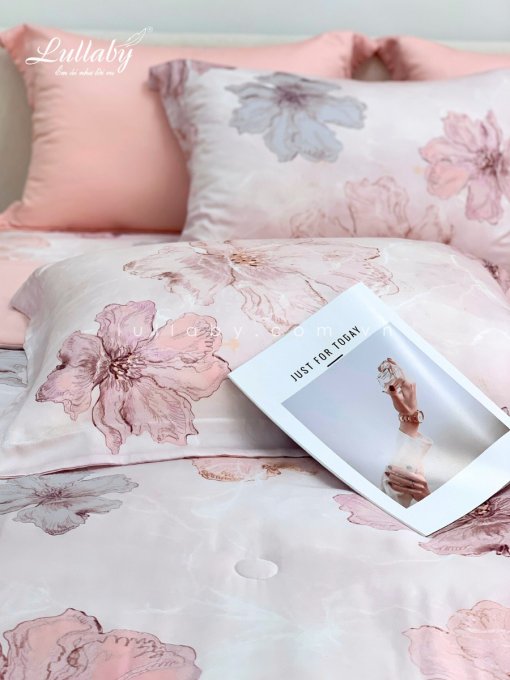 Chăn ga gối Tencel 60S Mẫu đơn hồng | Lullaby Bedding